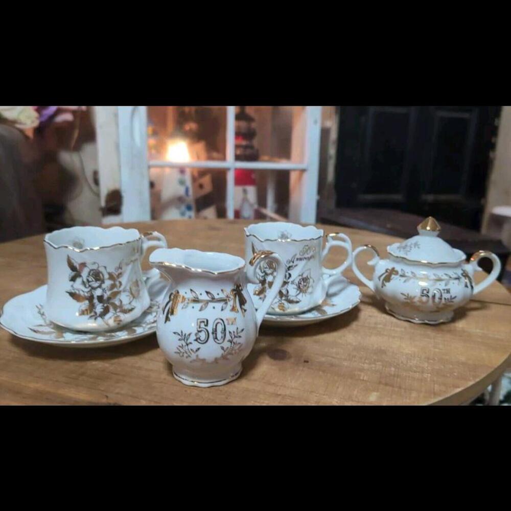 White and Gold 50th Wedding Anniversary China Set